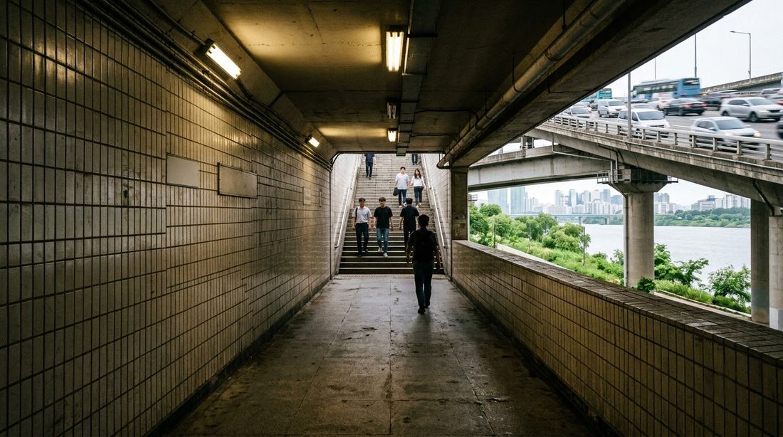 A pedestrian underpass and stairway leading beneath a riverside expressway to the Han River park