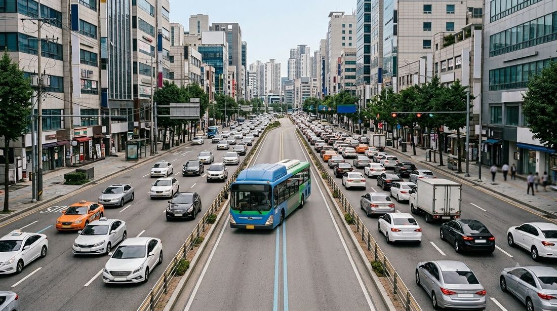 A city bus travelling in a dedicated lane down the middle of a wide Seoul avenue, separated from car traffic by a raised divider