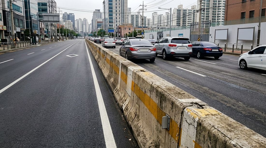 The raised concrete divider that separates a center bus lane from the car lanes beside it