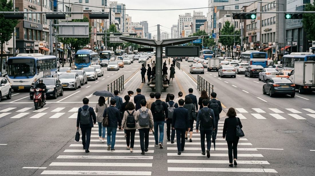 Bus riders crossing half of a wide avenue at a signal to reach an island bus stop built between the traffic lanes