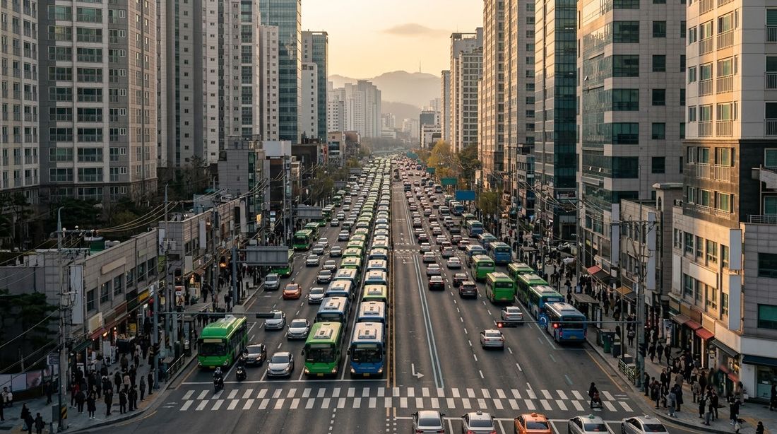 A dense Seoul trunk avenue at golden hour with buses queued along the lane down the middle of the road
