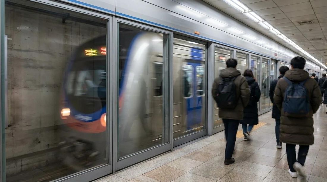 A train arriving behind platform screen doors in Seoul
