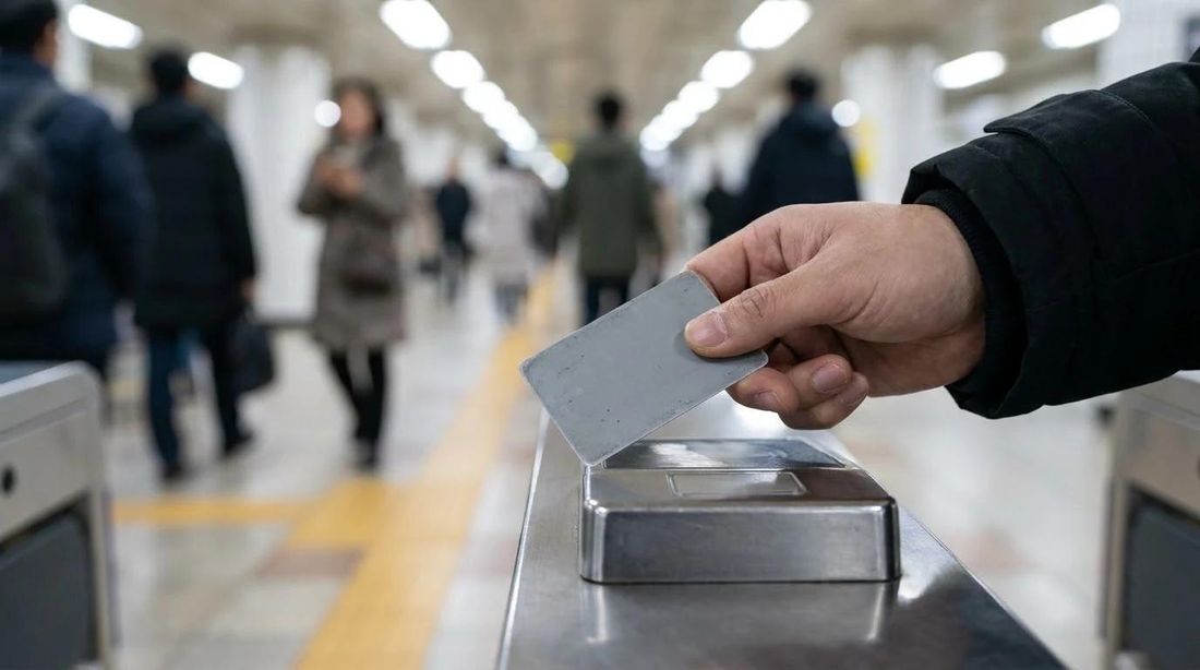 A hand tapping a transit card on a turnstile reader
