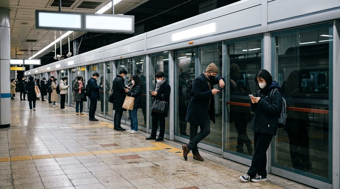 Commuters standing against the glass platform screen doors on a Seoul subway platform
