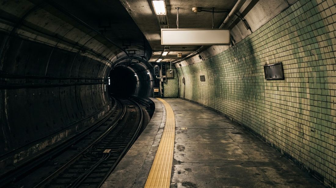 An older narrow subway platform with an open concrete edge and no glass barrier