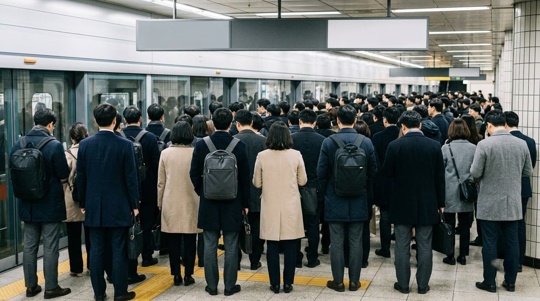 Morning rush hour commuters waiting in lines in front of closed platform screen doors