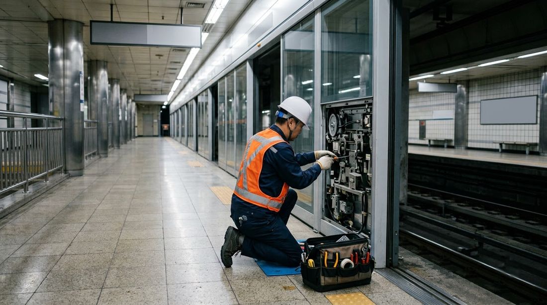 A maintenance technician working on an opened platform screen door panel
