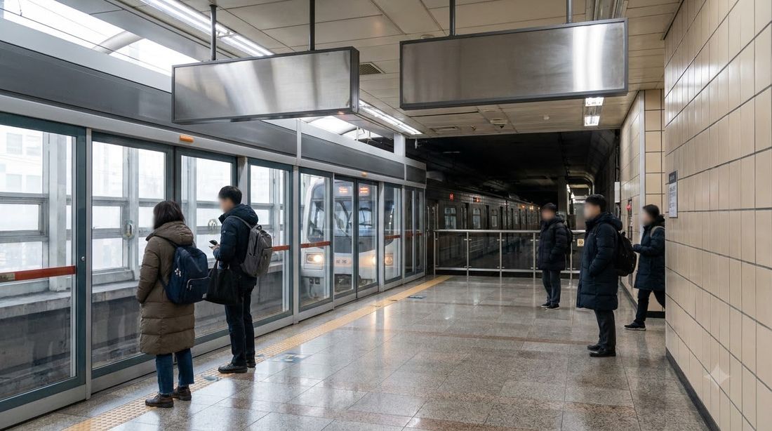 A Seoul subway platform behind full-height screen doors as a train arrives