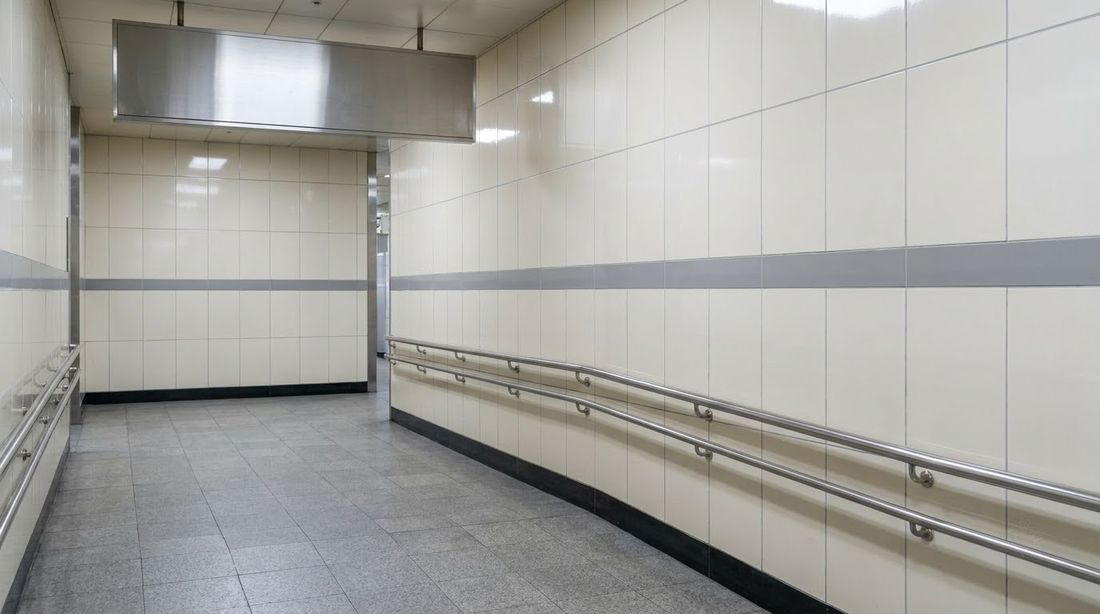 A clean tiled corridor leading to a public restroom inside a Seoul subway station