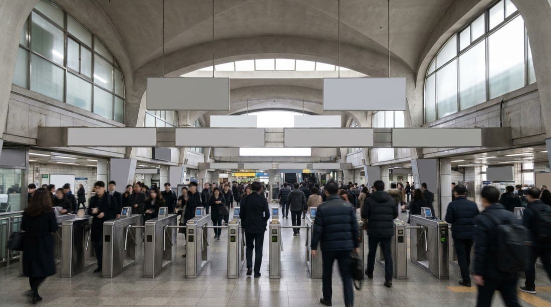 Commuters streaming through the fare gates of a Seoul subway concourse