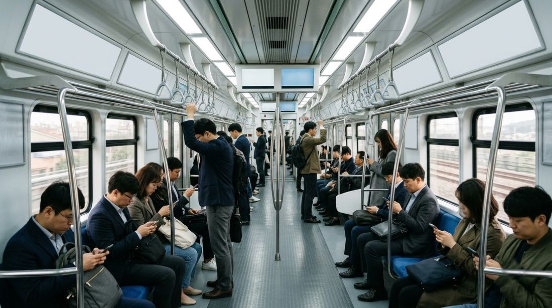 지하철 객차 안에서 스마트폰을 보는 승객들