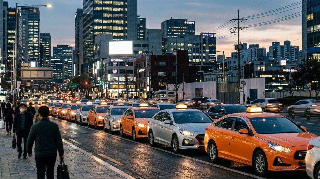 A line of Korean taxis waiting nose to tail at a city taxi stand at dusk