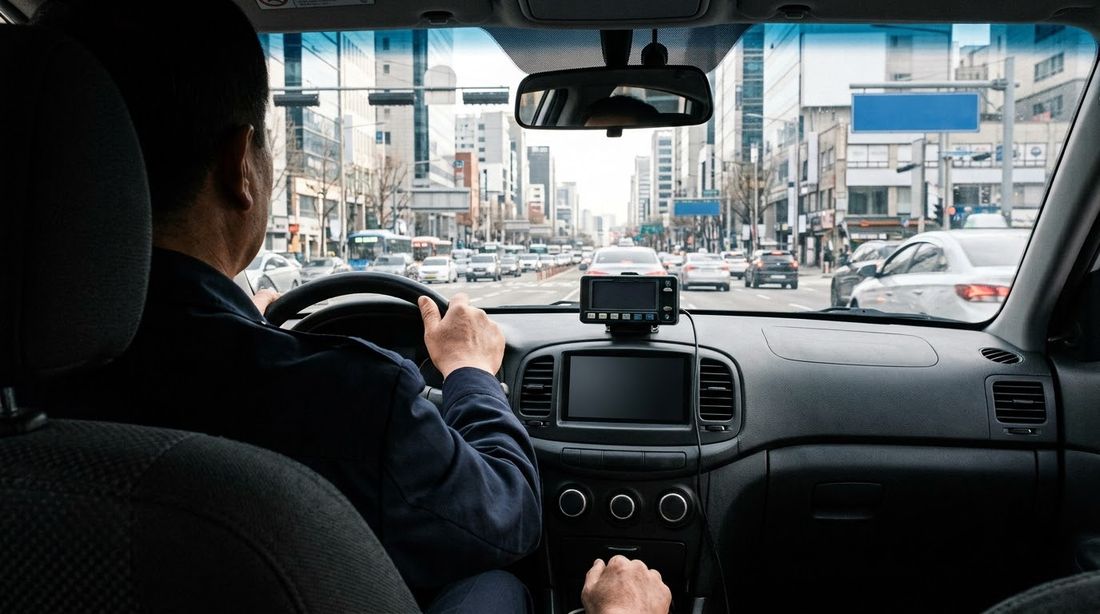 View over a Korean taxi driver's shoulder with the fare meter on the dashboard