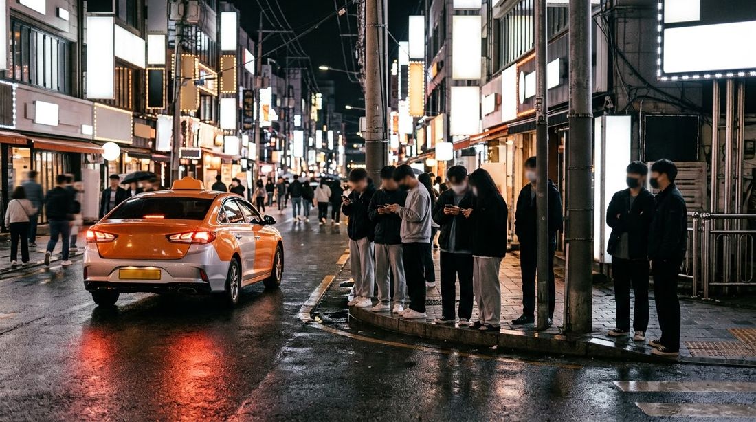 People waiting on a wet curb outside a Korean nightlife district as a taxi pulls up