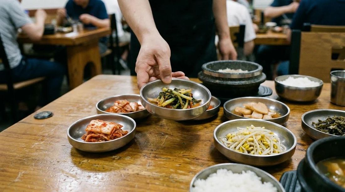 A hand setting a bowl of side dishes on the table