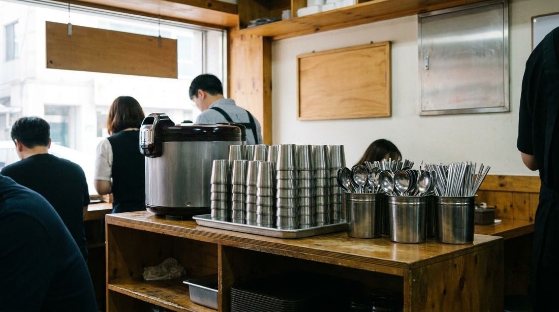 A self-service water and utensil station in a casual Korean restaurant