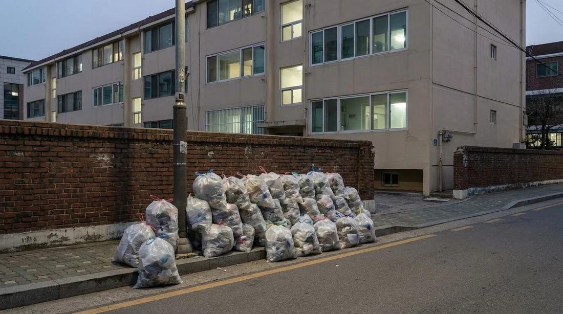 Tied rubbish bags stacked at a collection point at dusk
