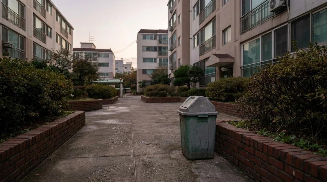 A lidded food waste bin on a path in an apartment complex