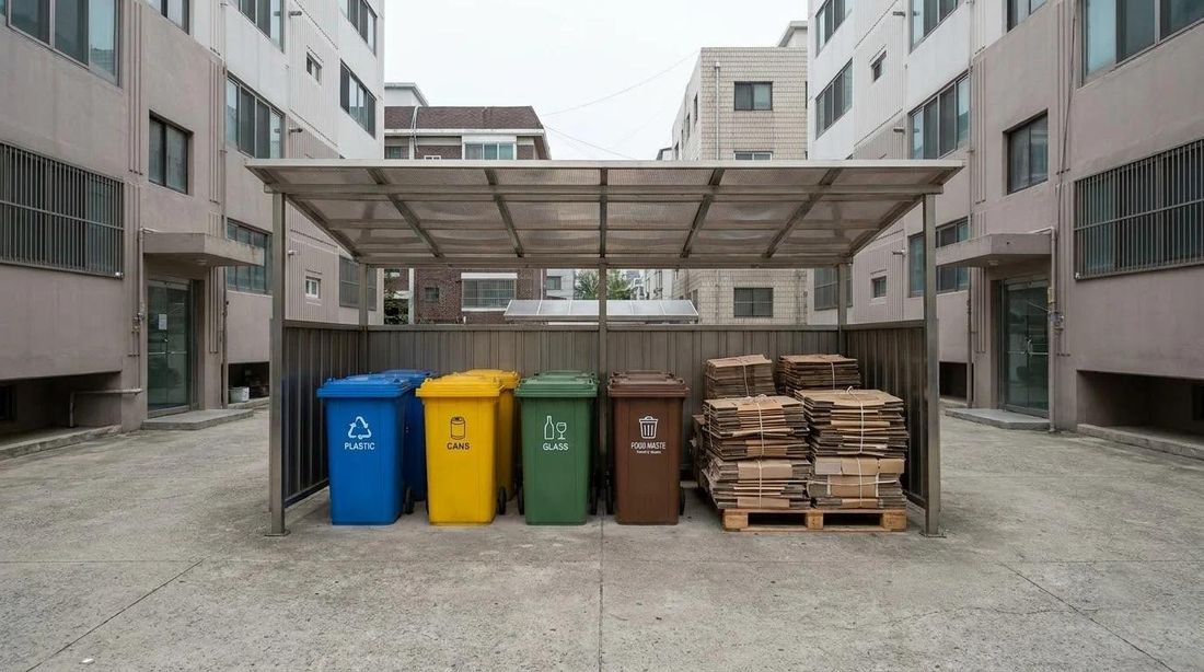 Separated recycling bins lined up under a shelter