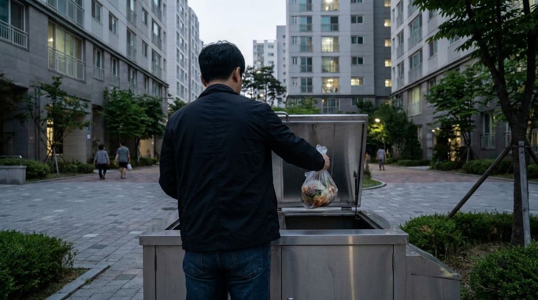 A resident dropping a food waste bag into a collection bin inside a Korean apartment complex