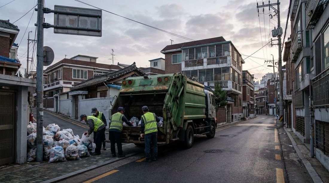 A refuse truck collecting standardized rubbish bags at a Korean street corner at dawn