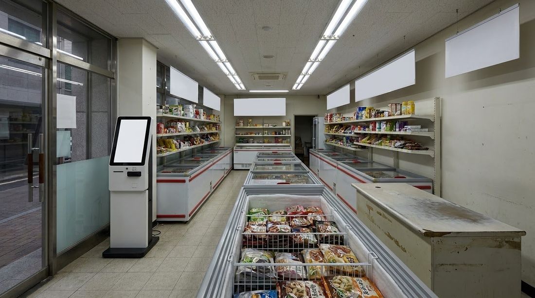 Inside an unmanned Korean shop: chest freezers, a self-service payment kiosk, and an empty checkout counter with no cashier