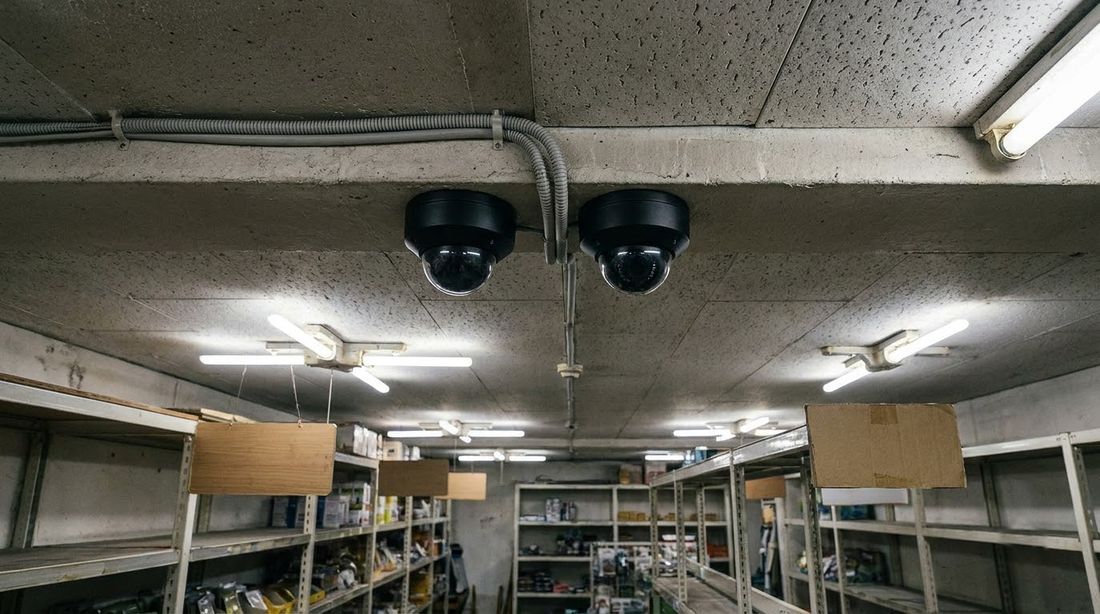 Dome security cameras mounted on the ceiling of a small unstaffed Korean shop