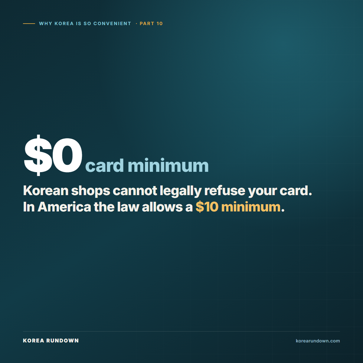 Korean shops cannot legally refuse a card payment, while US law allows merchants to set a ten dollar credit card minimum