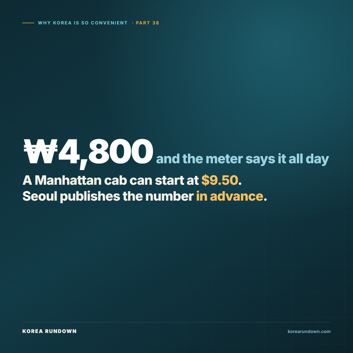 A Seoul taxi meter starts at 4,800 won at every hour of the working day while a Manhattan yellow cab can start at $9.50 before the wheels turn