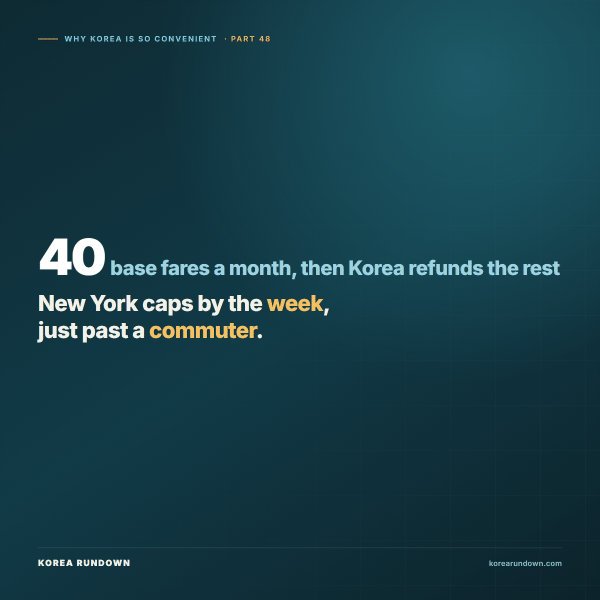 Korea's national transit card refunds every won spent above 62,000 won a month in the Seoul region; New York caps fares by the week at 35 dollars