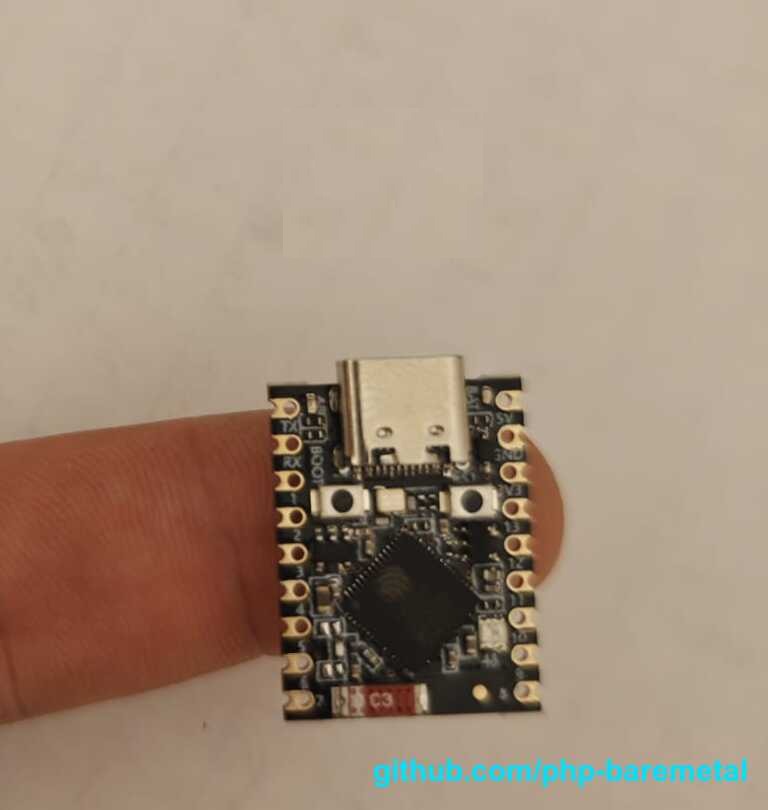 A fingertip-sized ESP32-S3 board — 4 MB flash and 2 MB PSRAM. Boards this small are the tight-fit case for the flash layout.