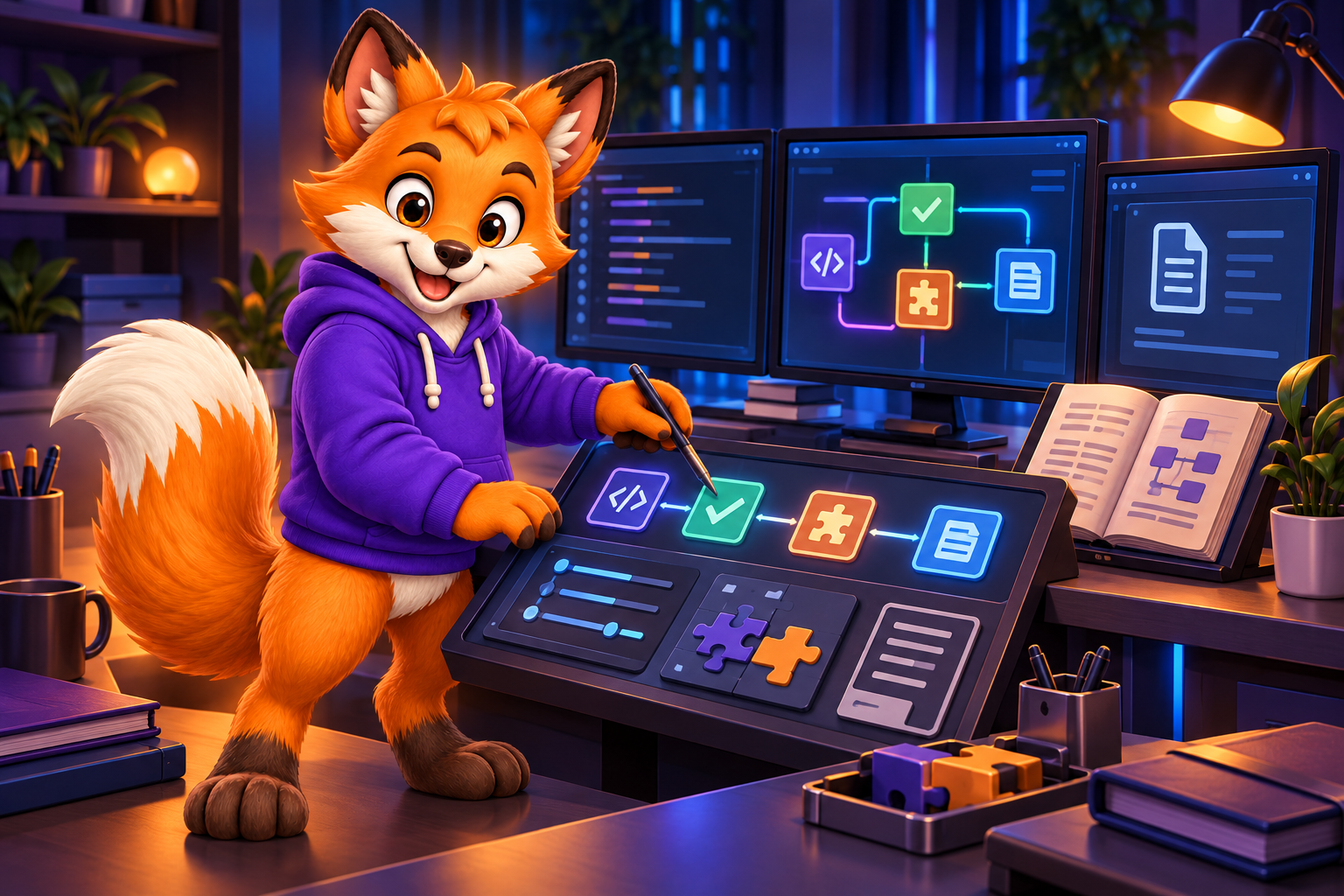 Dash coordinating tests, refactoring, and documentation at a multi-monitor DevTools workstation