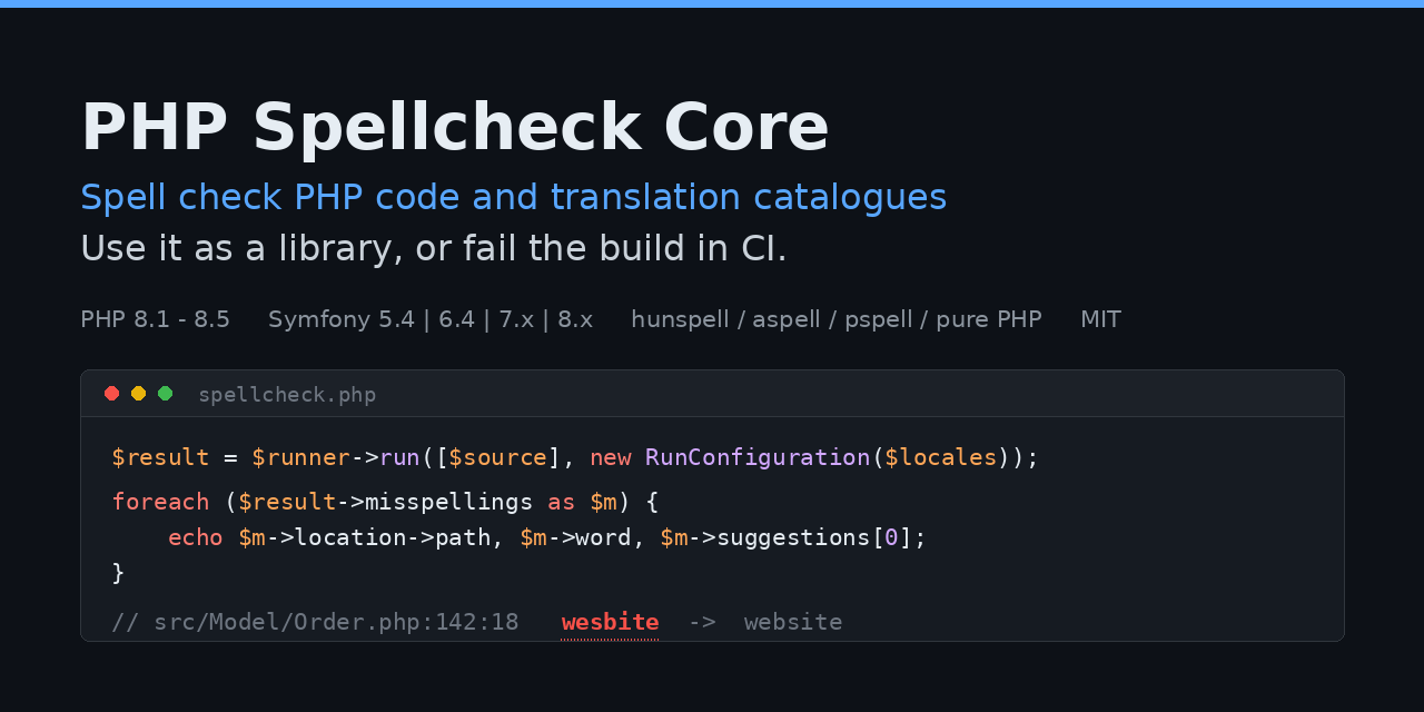 PHP Spellcheck Core — spell check PHP code and translation catalogues