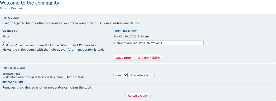 Claim page with take over, transfer and release