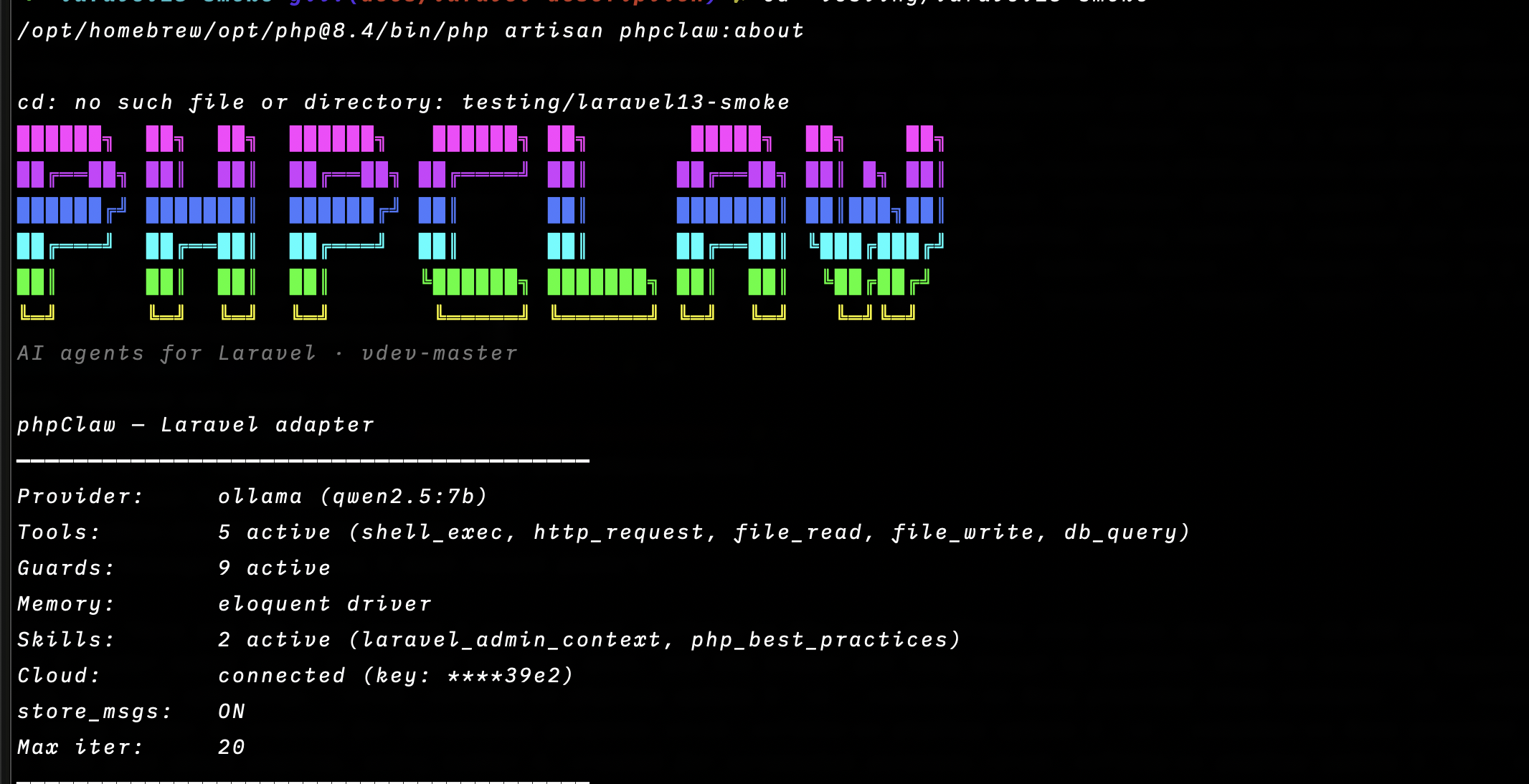 phpClaw Laravel CLI in action