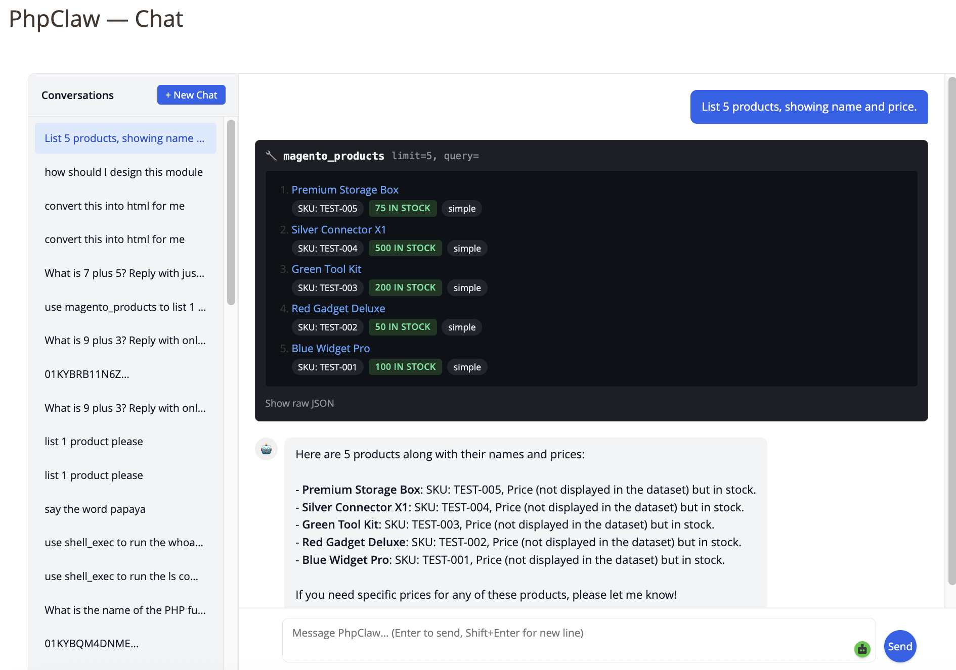phpClaw chat panel in the Magento admin