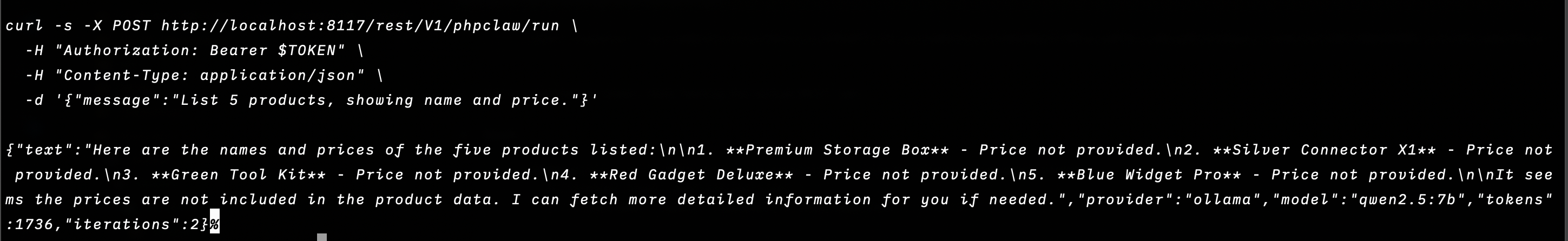 phpClaw Magento REST API response