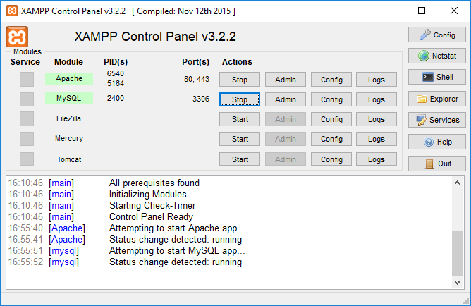 XAMPP control panel started