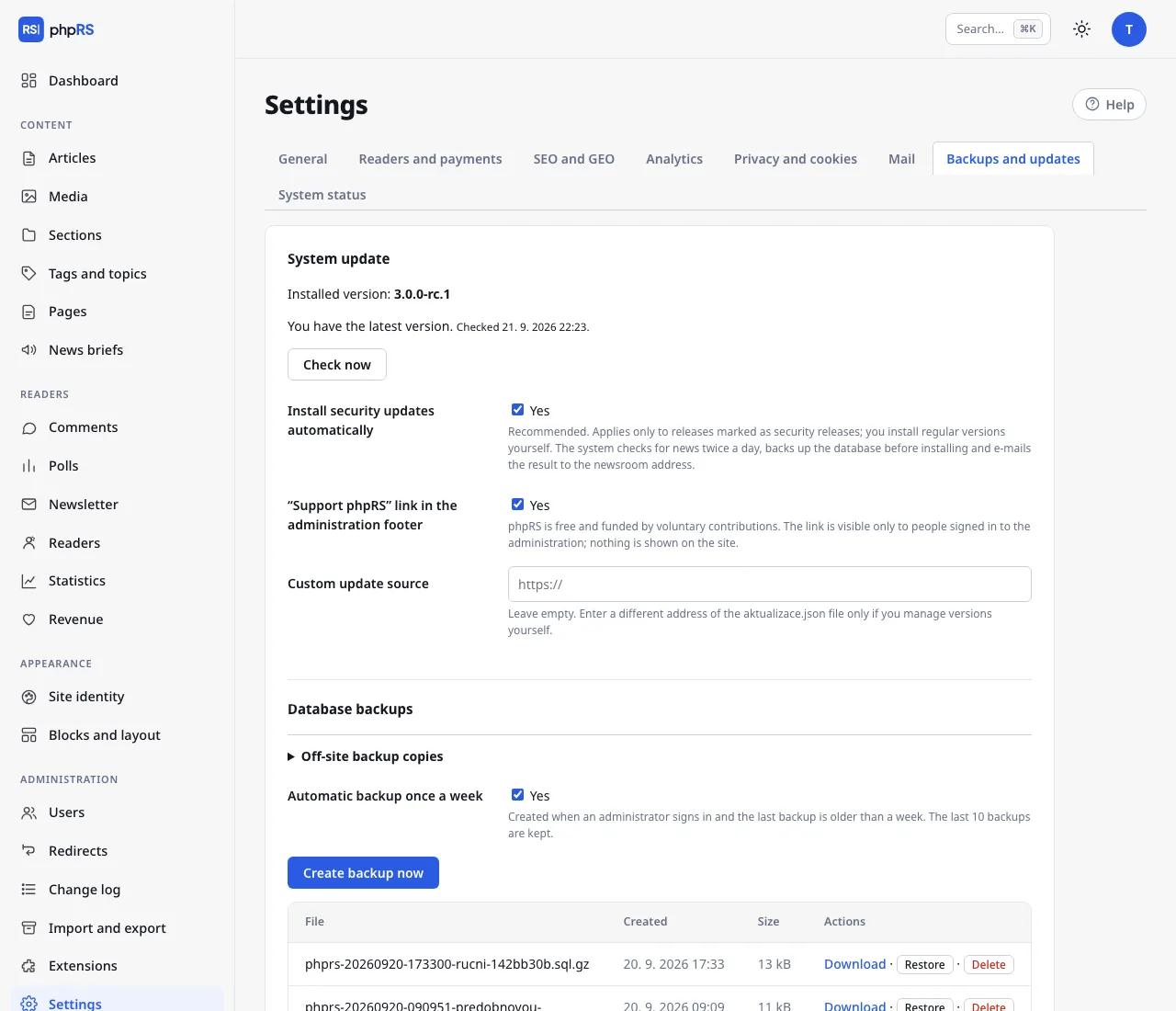 Settings → Backups and updates