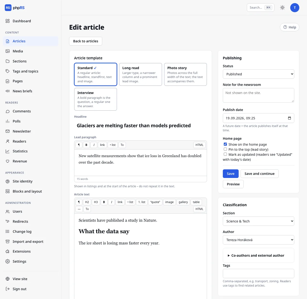 The article editor: article template at the top, publishing and classification on the right