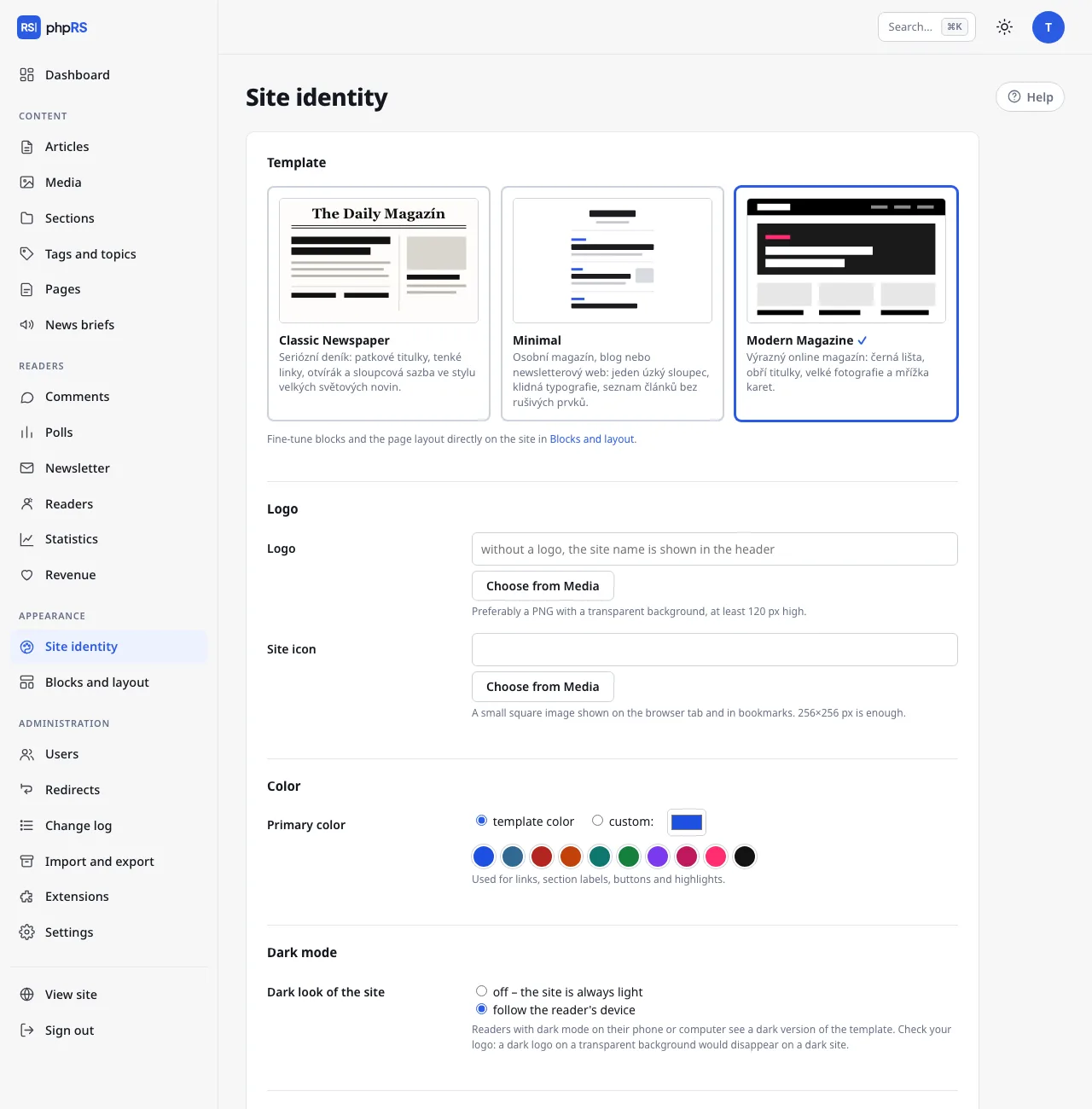 Appearance → Site identity