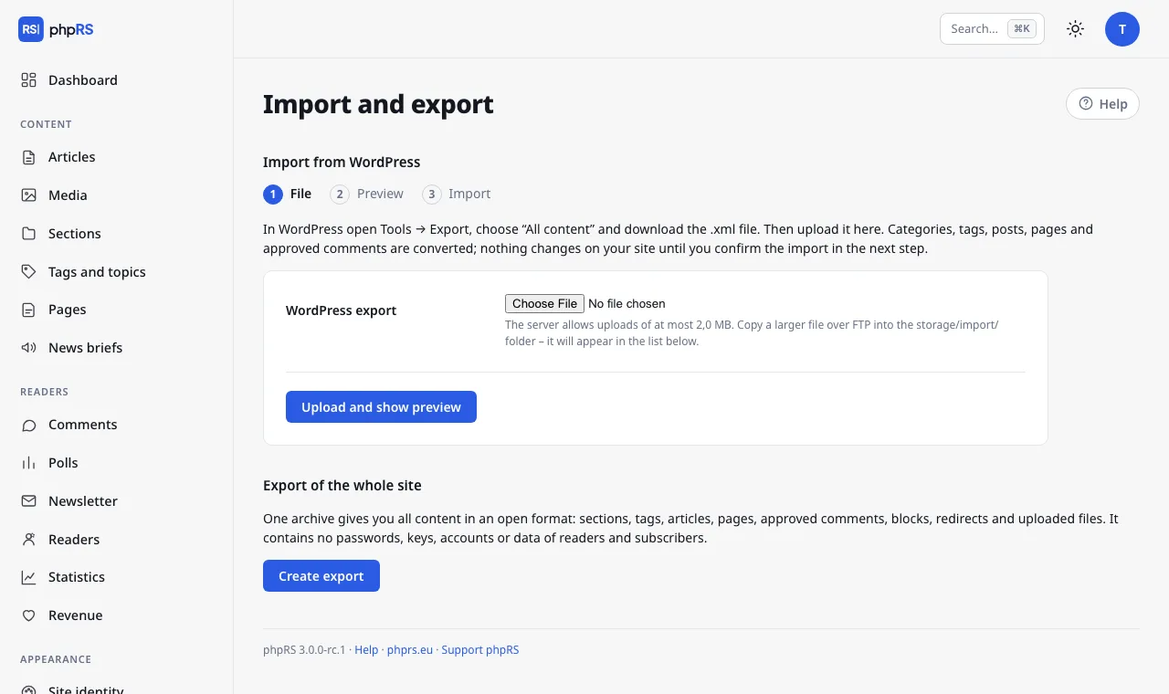 Administration → Import and export
