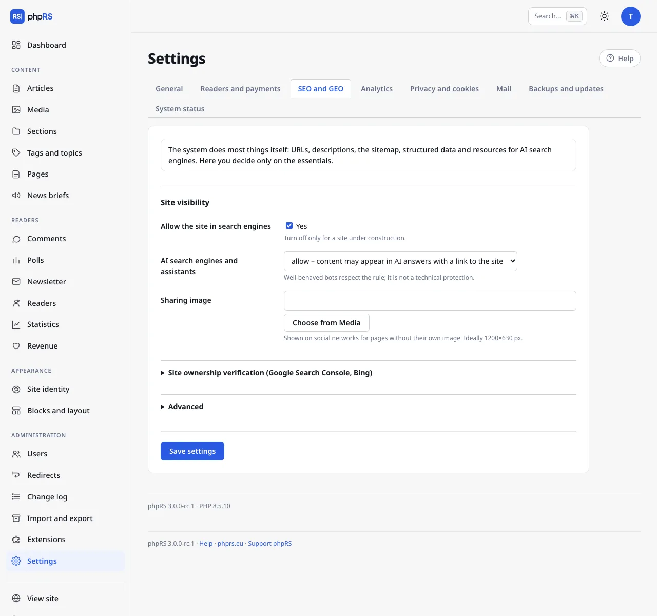 Settings → SEO and GEO