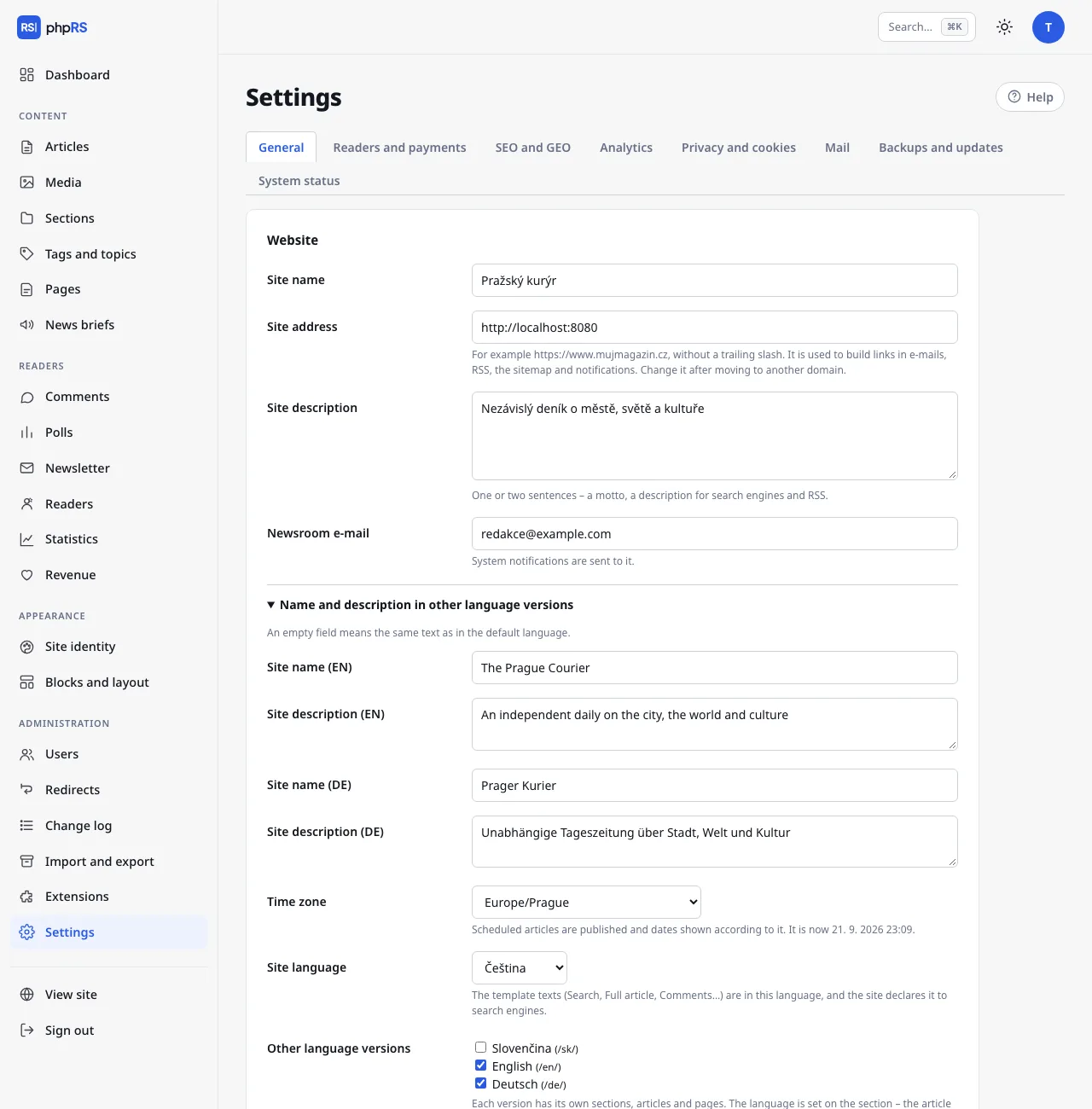 Settings → General: site name and description for other language versions