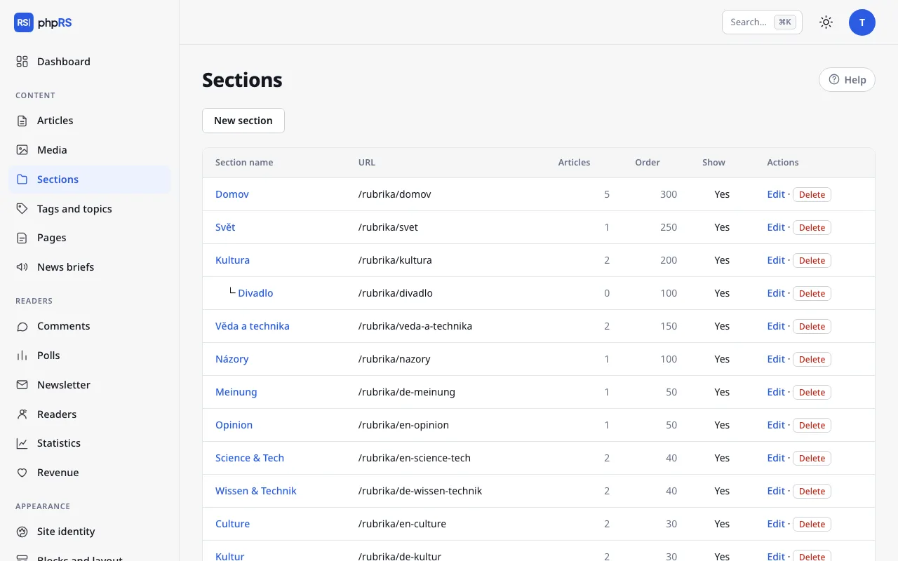Content → Sections