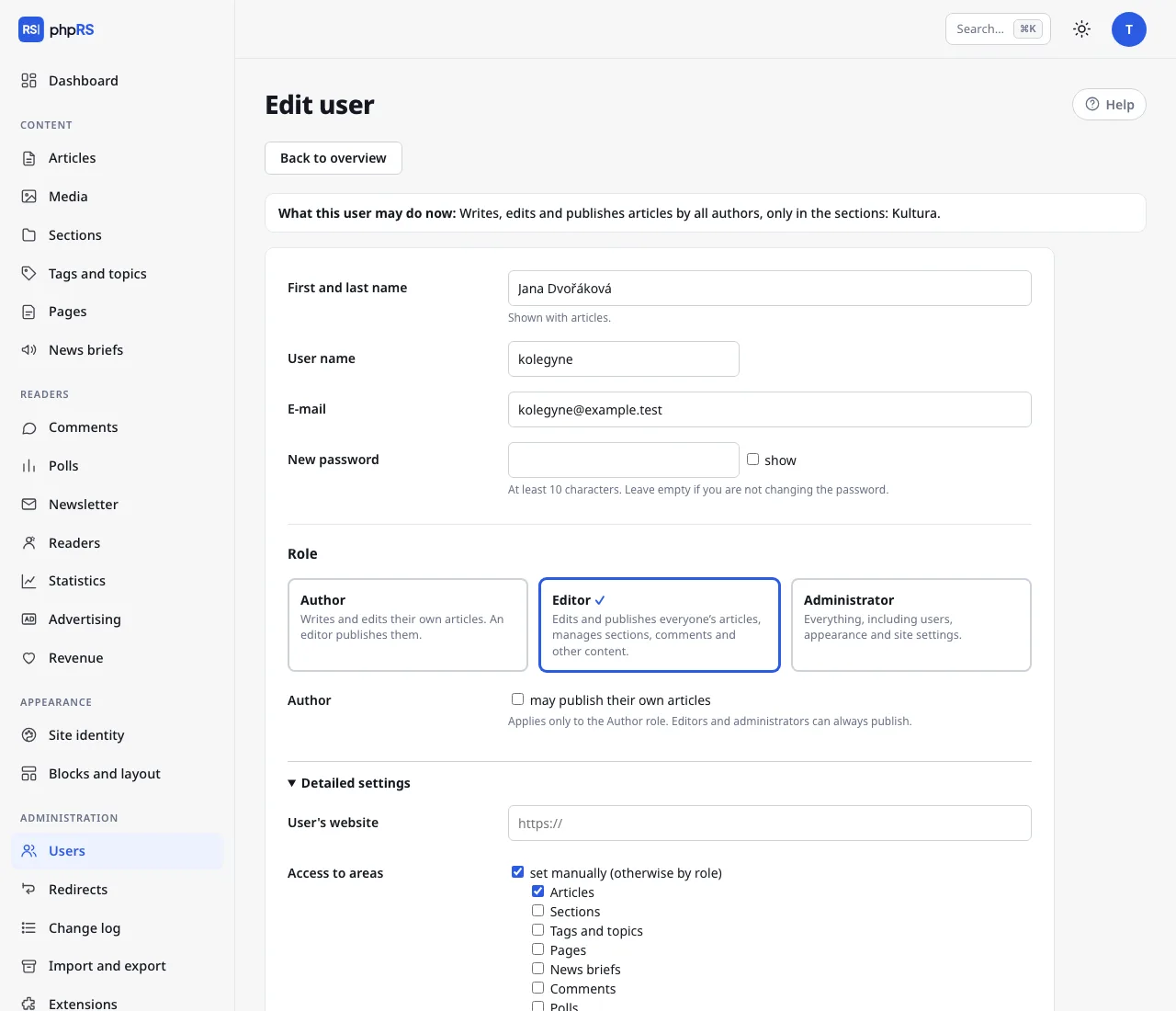 Editing a user: a summary of permissions at the top, roles as cards