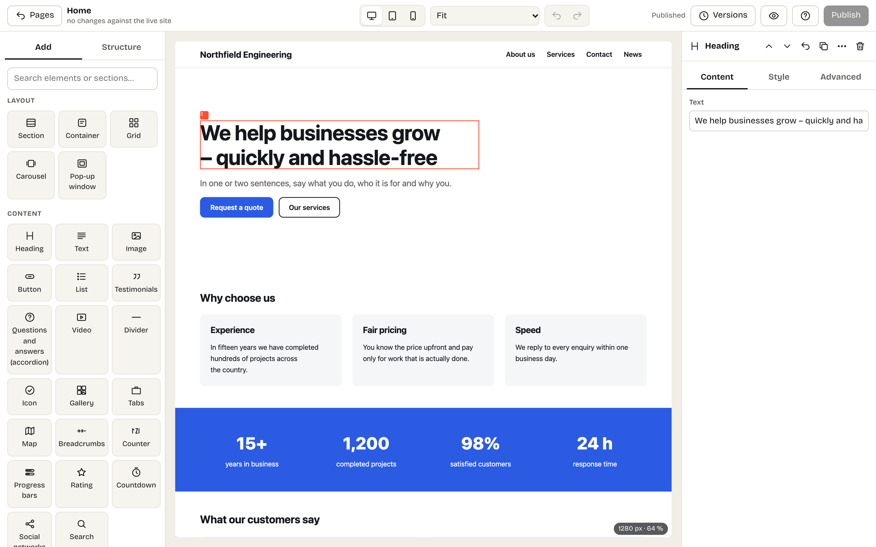 The Kaleta builder: the canvas is the real page, elements on the left, properties on the right