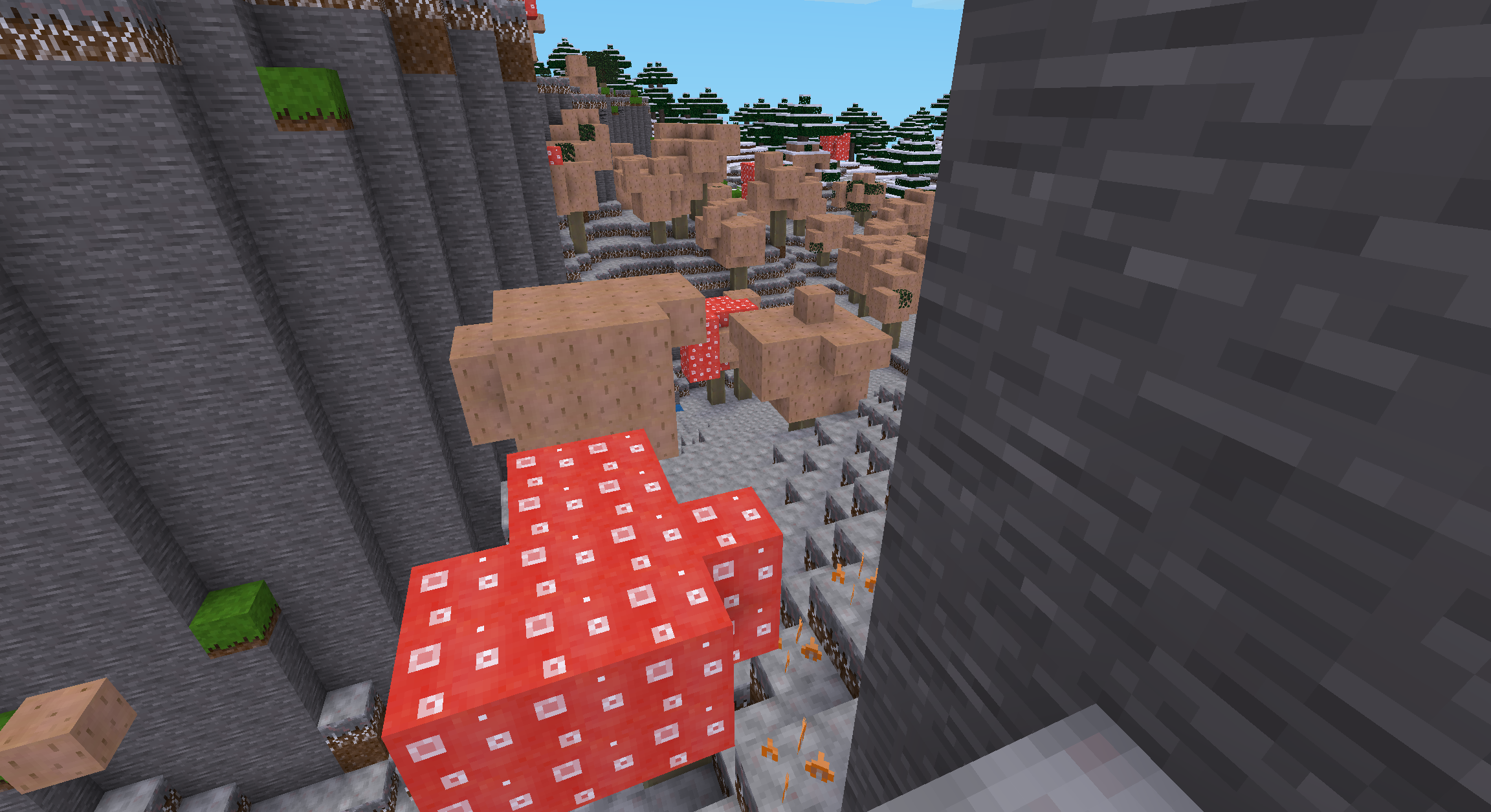 image of a minetest biome with myzelium as gress and giant red and brown mushrooms