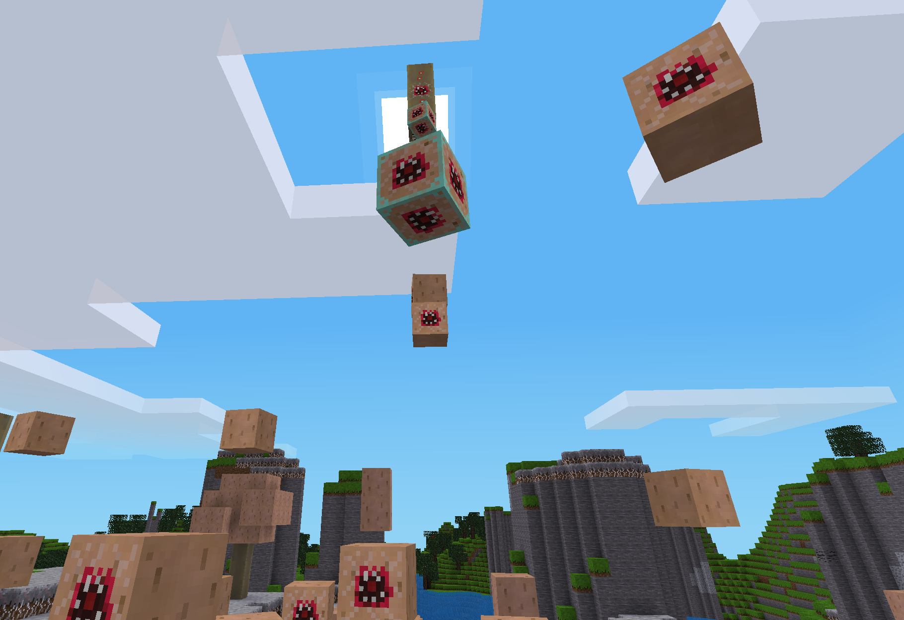 image of a giant floating mushroom stem shooting projectilesat the onlooker, surrounded by jumping mushroom blocks with teeth