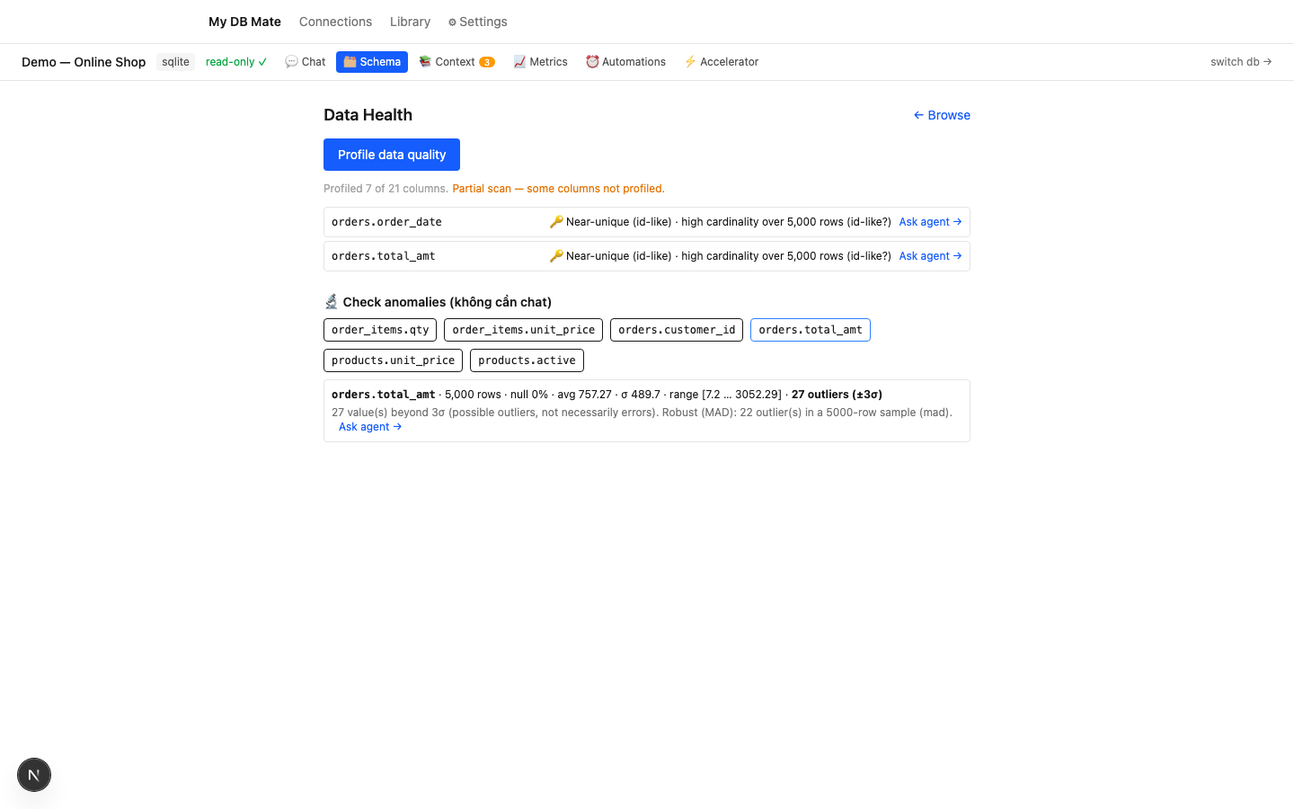 Data Health: anomaly check với robust MAD baseline